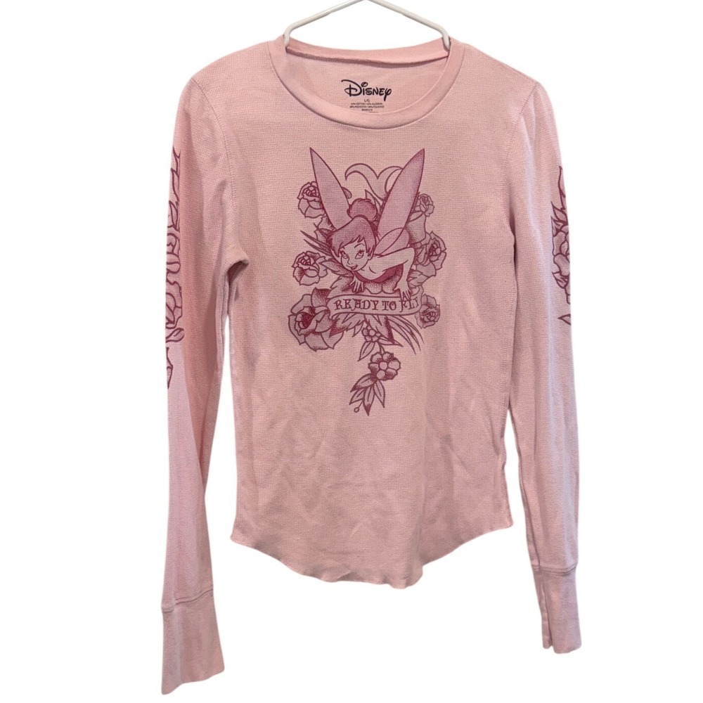 Disney Tinker Bell Pink Waffle Knit Thermal Long Sleeve Graphic Top Large Y2K